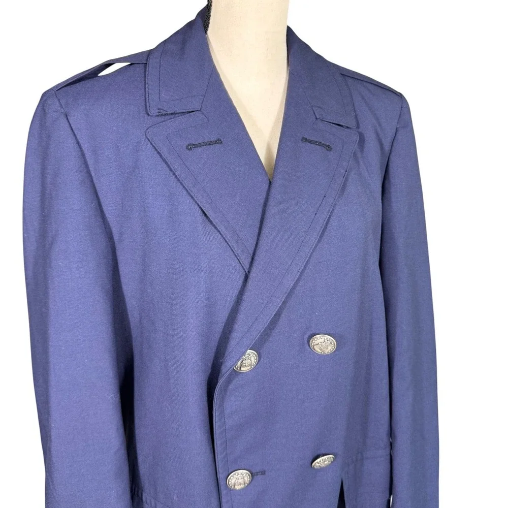 VTG US Air Force Style Wool Navy Blue Double Breasted Overcoat Crest Buttons 39R